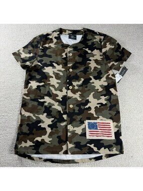 Jaywalker Camo Button Down Baseball Shirt American Japanese Flag Men’s Size L